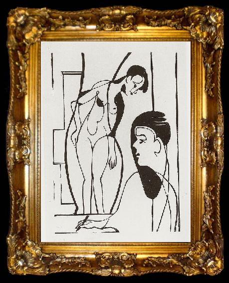 framed  Ernst Ludwig Kirchner Artist and female modell - woodcut, ta009-2